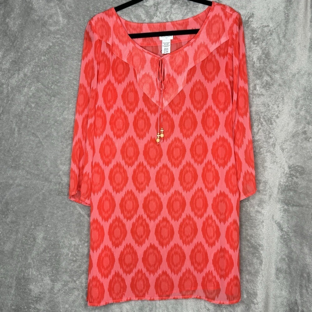 Jaclyn‎ Smith XL Top Shirt Coral Pink Geometric 3/4 Sleeve Scoop Neck Keyhole